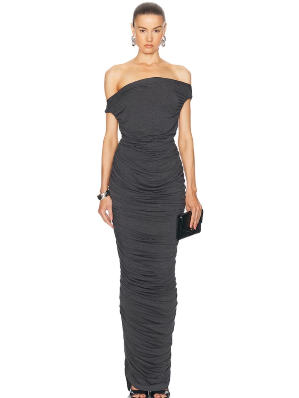 Norma Kamali Off-Shoulder Charcoal Gray Ruched Maxi Dress
